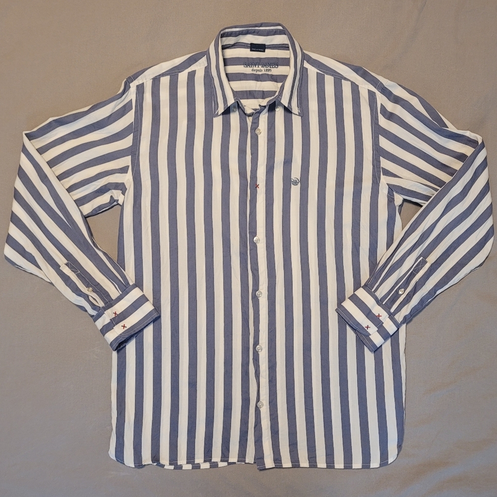 Saint James Blue White Striped Button-down Shirt Size L 100% Coton Nautical